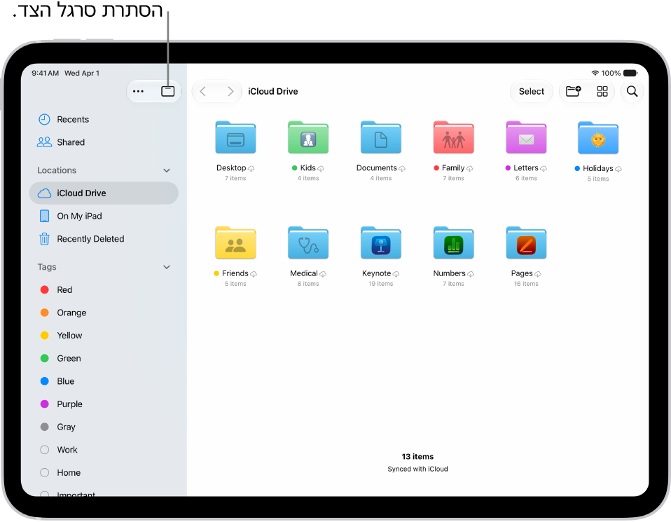 היישום ״קבצים״ מציג את הקבצים והתיקיות ב‑iCloud Drive. בראש המסך מופיעים כפתורים לבחירת פריטים, יצירת תיקיה חדשה, שינוי התצוגה (רשימה, אייקונים, עמודות) וחיפוש.