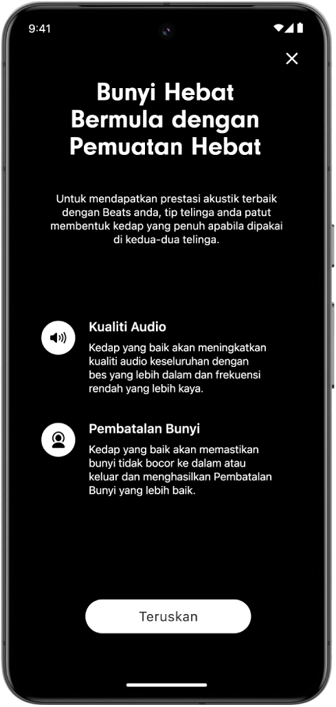 Skrin peranti Android memaparkan Ujian&nbsp;Pemuatan&nbsp;Tip&nbsp;Telinga.