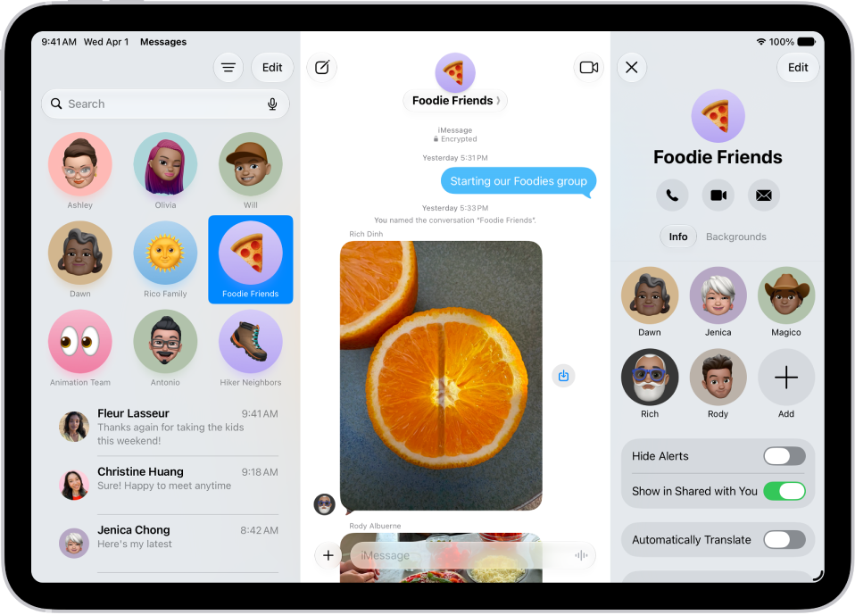 A group conversation in Messages on iPad. On the left, a pinned conversation is selected in a list of conversations. On the right, there is a conversation transcript that includes shared files.