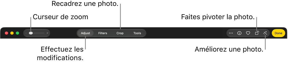 La barre d’outils de modification qui affiche les commandes pour agrandir ou réduire la taille d’une photo, apporter des ajustements, appliquer un style photographique et recadrer, faire pivoter et améliorer des photos.