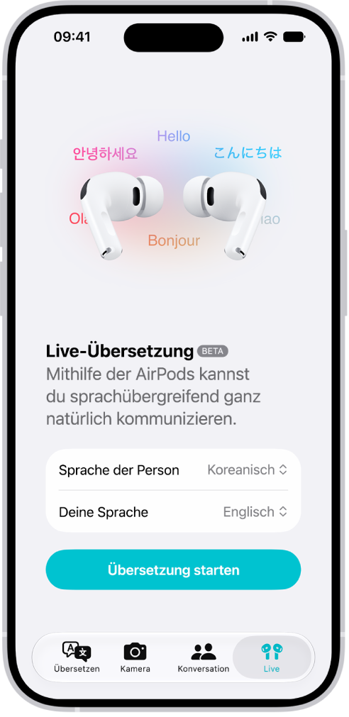 Die App „Übersetzen“ auf dem iPhone zeigt den Bildschirm „Live-Übersetzung“. Der Bildschirm zeigt zwei Einblendmenüs, in denen du die Sprache der anderen Person und deine eigene Sprache auswählen kannst, sowie eine Taste zum Starten von „Live-Übersetzung“.