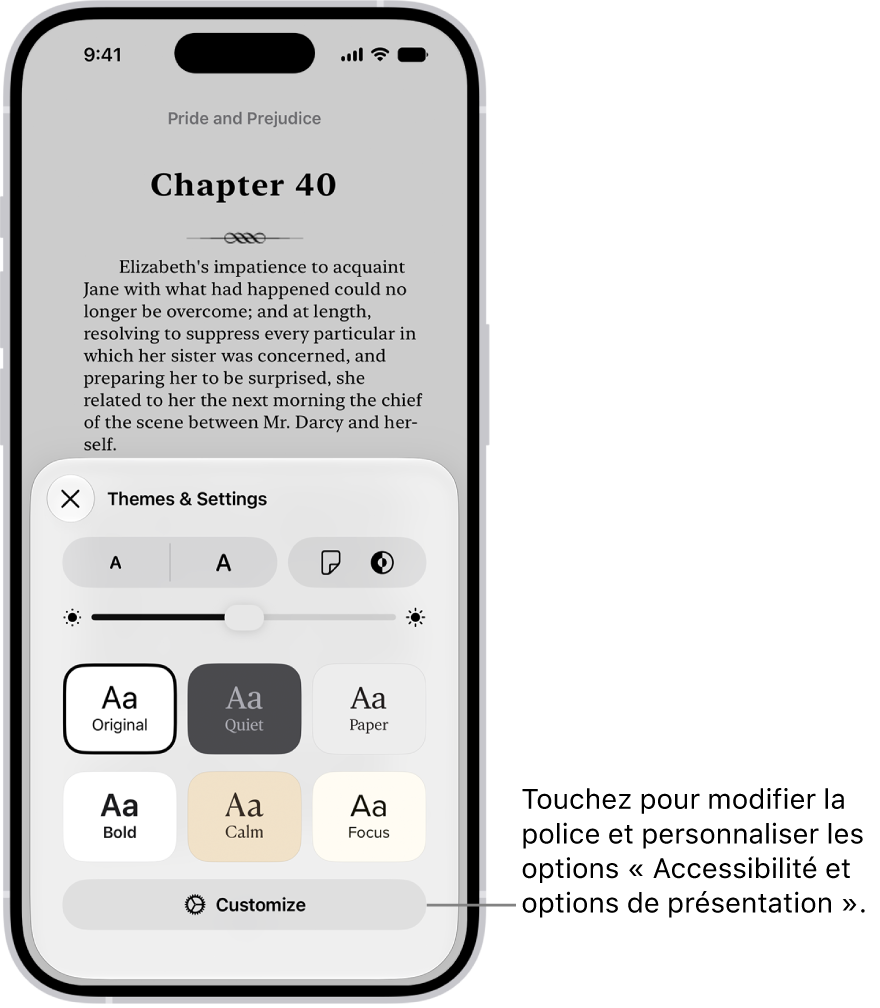 Une page d’un livre dans l’app Livres. Les options Thèmes et réglages affichant des commandes pour la taille de la police, la disposition du défilement, le style de défilement des pages, la luminosité et les styles de police.