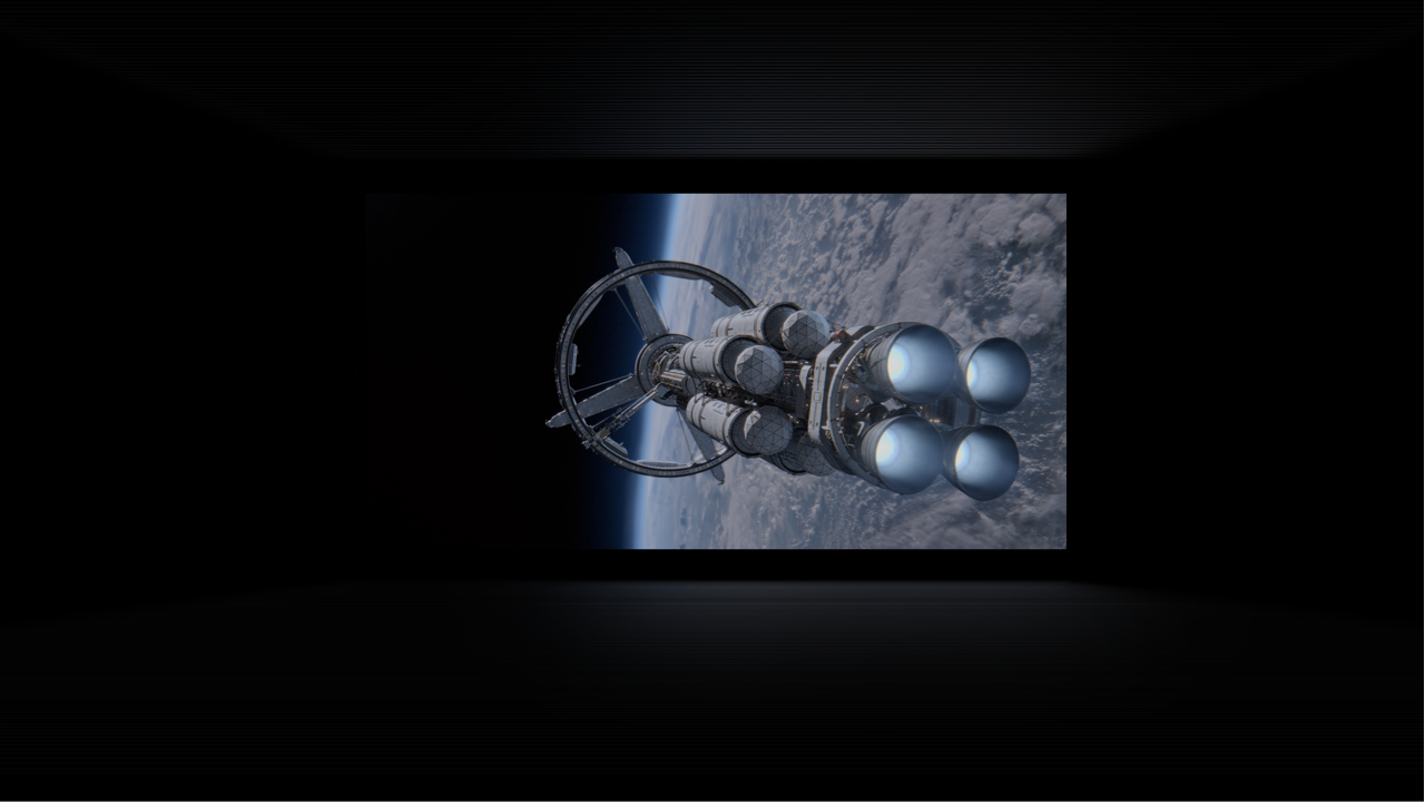 The Cinema Environment in the Apple TV app on Apple&nbsp;Vision&nbsp;Pro, with a video playing against a darkened background.