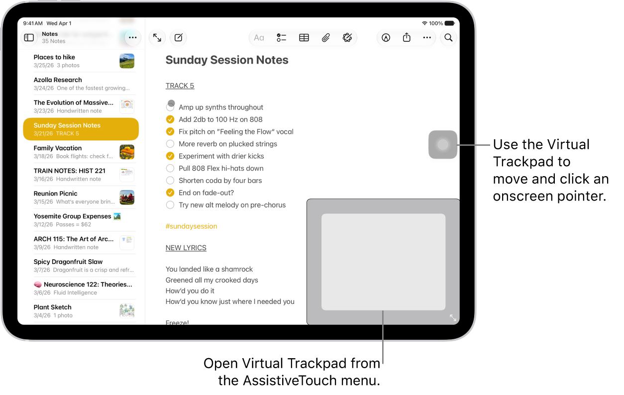 An iPad with a virtual trackpad displayed in the corner of the screen. Also on the screen are the AssistiveTouch menu (which is used to open the trackpad) and the pointer (which is controlled by the trackpad).