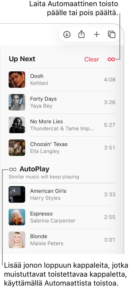 Apple&nbsp;Musicin yläosassa näkyvät Seuraavaksi-jono sekä Tyhjennä- ja Automaattinen toisto -painikkeet. Automaattinen toisto on päällä.