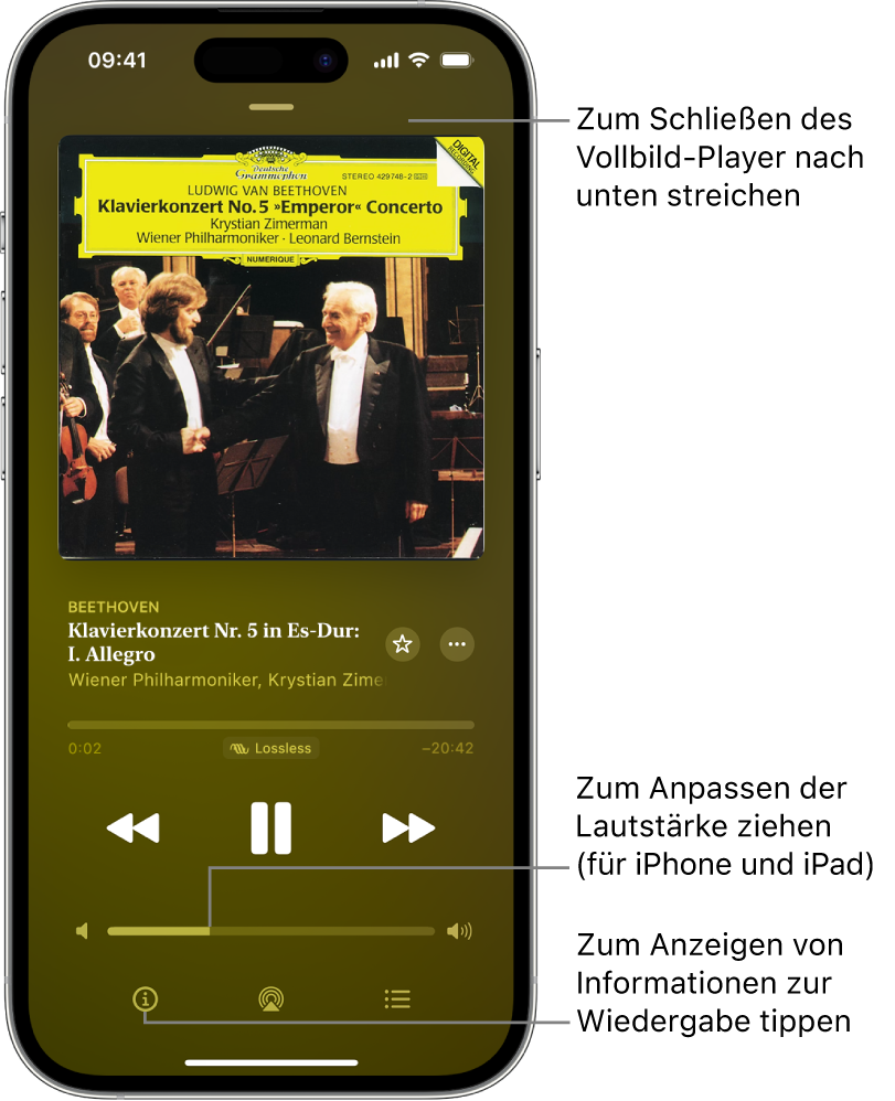 Ein iPhone mit dem Bildschirm „Jetzt läuft“ in Apple Music Classical. Oben im Bildschirm befindet sich ein grauer Balken, auf den du tippen kannst, um den Bildschirm „Jetzt läuft“ auszublenden und wieder zum MiniPlayer zu wechseln. Unter der Leiste werden das Album-Cover, der Werkname und die Timeline angezeigt, auf der die Länge des Titels sowie die verstrichene Zeit dargestellt werden. Im untren Bereich des Bildschirms befinden sich die Tasten „Zurückspringen“, „Pause“ und „Vorspringen“ sowie die Tasten „Info“, „AirPlay“ und „Nächster Titel“.