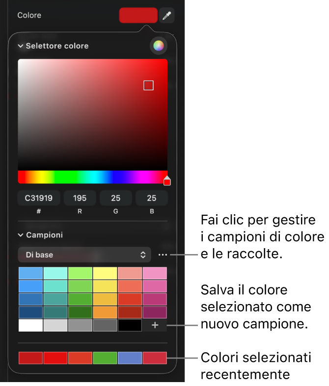 Il selettore che mostra i campioni di colore da selezionare.