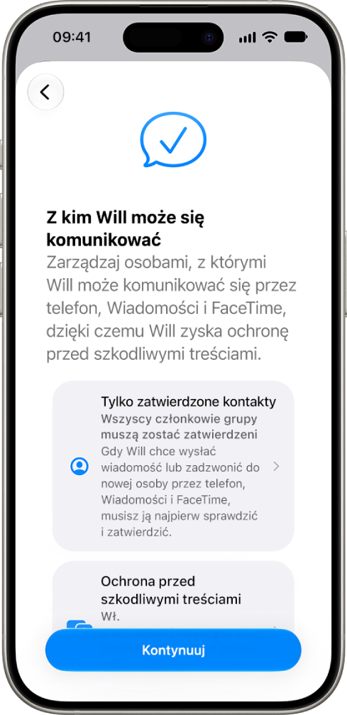 Ekran konfiguracji nadzoru rodzicielskiego z&nbsp;opcjami osób, z którymi dziecko może się komunikować.