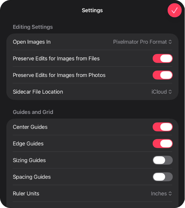 Pixelmator Pro app settings dialog.
