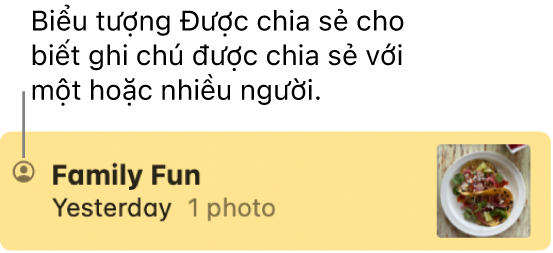Một ghi chú đã được chia sẻ với những người khác, với biểu tượng Được chia sẻ ở phía bên trái của tên ghi chú.