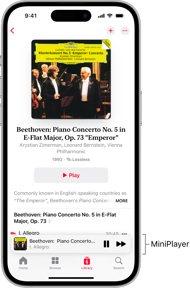 Apple Music Classical में iPhone MiniPlayer दिखा रहा है। स्क्रीन के शीर्ष पर ऐल्बम कलाकृति, कार्य का नाम और चलाएँ बटन है। MiniPlayer, स्क्रीन के नीचे की ओर। MiniPlayer के नीचे “Home”, Browse, Library और Search बटन हैं।