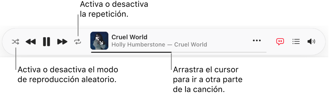La parte superior de Apple&nbsp;Music mostrando la canción que se está reproduciendo. Los controles de reproducción están en el extremo izquierdo.