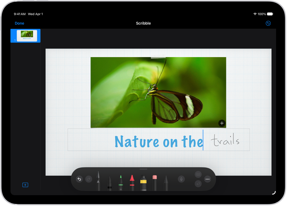 标题被添加到 Keynote 幻灯片。使用 Apple Pencil 手写文本时，字词会转换为键入的文本。