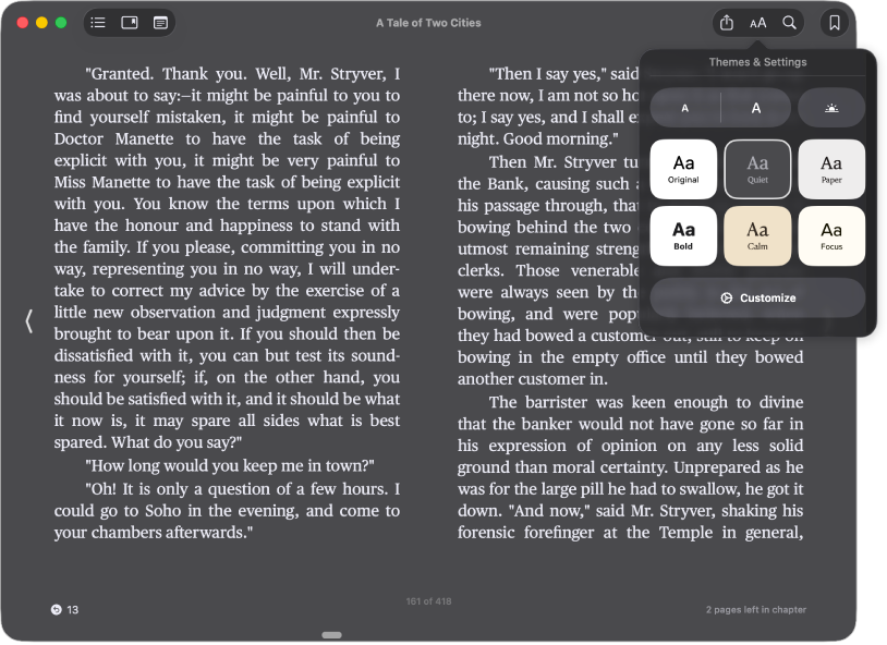 A book with a customized appearance and the Appearance menu showing the selected text size, background color, and font.