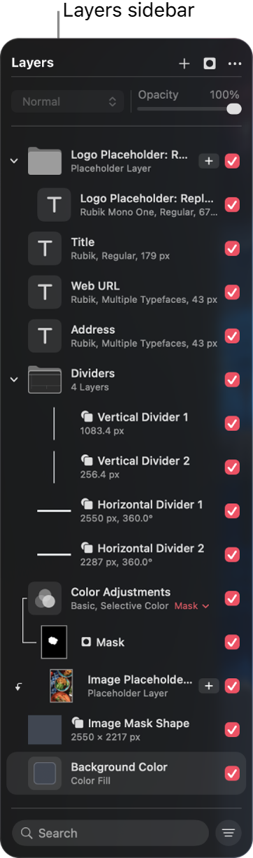 The Layers sidebar showing folders, text layers, shape layers, and a color adjustment layer and mask layer. 