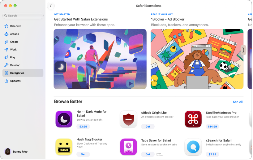The App Store window showing the search field and categories of apps.