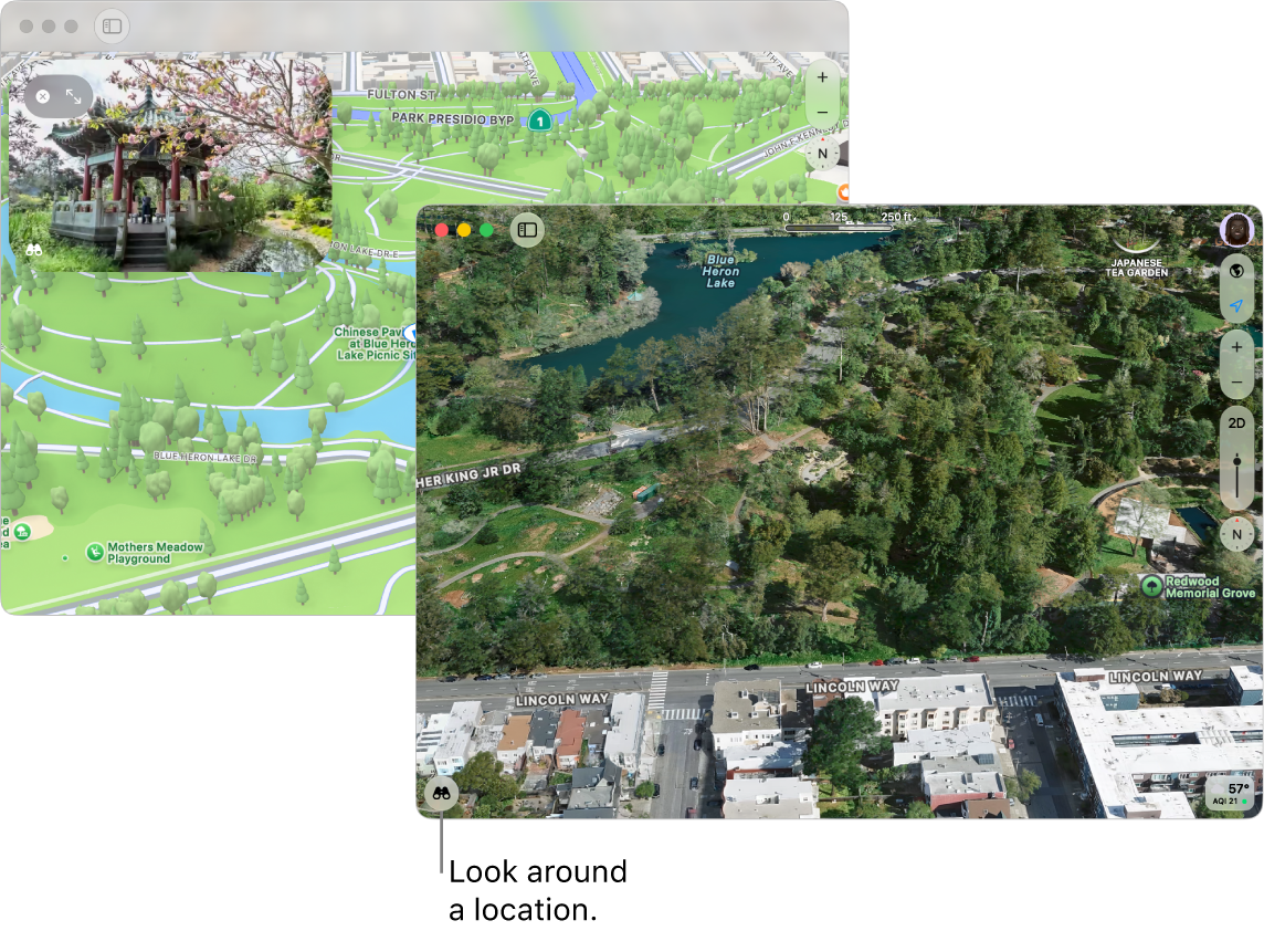 An interactive 360-degree view of a local attraction in San Francisco, with a 3D map in the lower-right corner.