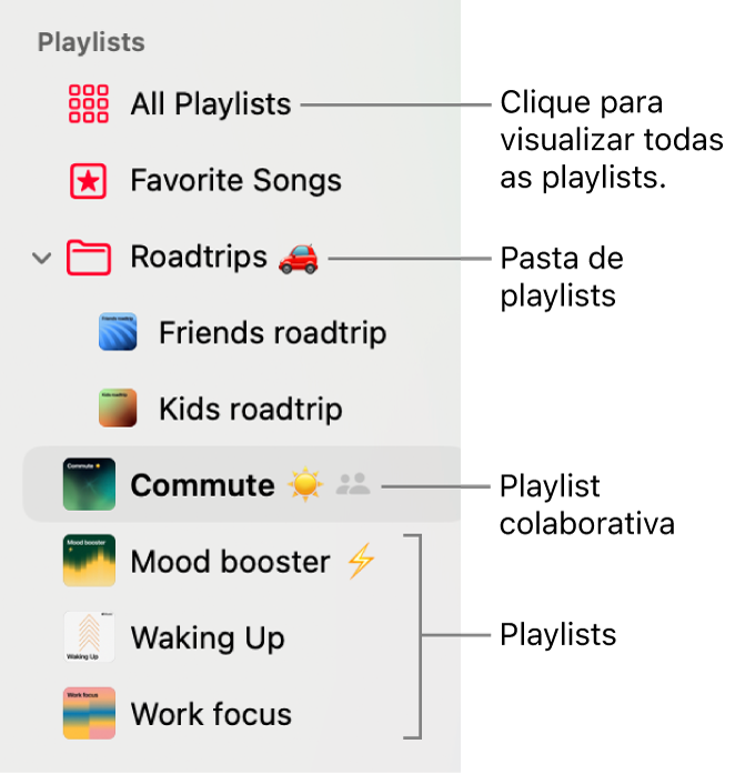 Barra lateral do app Música mostrando uma pasta de playlists e os diversos tipos de playlists: Músicas Favoritas, Colaborativa e playlists. Clique em Todas as Playlists para visualizar todas elas.