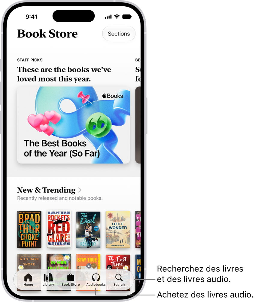L’écran Librairie dans l’app Livres. En bas de l’écran se trouvent, de gauche à droite, les onglets Accueil, Bibliothèque, Librairie, Livres audio et Rechercher. L’onglet Librairie est sélectionné.
