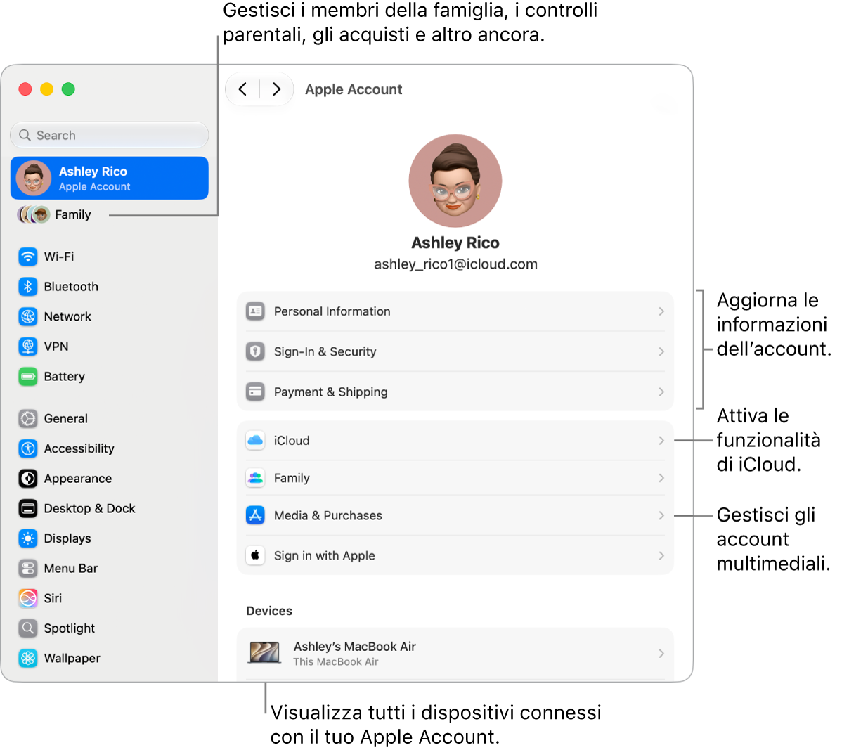 Le impostazioni di Apple&nbsp;Account in Impostazioni di Sistema, con didascalie per aggiornare le informazioni dell’account, attivare o disattivare le funzionalità di iCloud, gestire gli account multimediali, modificare le impostazioni di “In famiglia”, dove è possibile gestire i membri del gruppo familiare, i controlli parentali, gli acquisti e altro ancora.