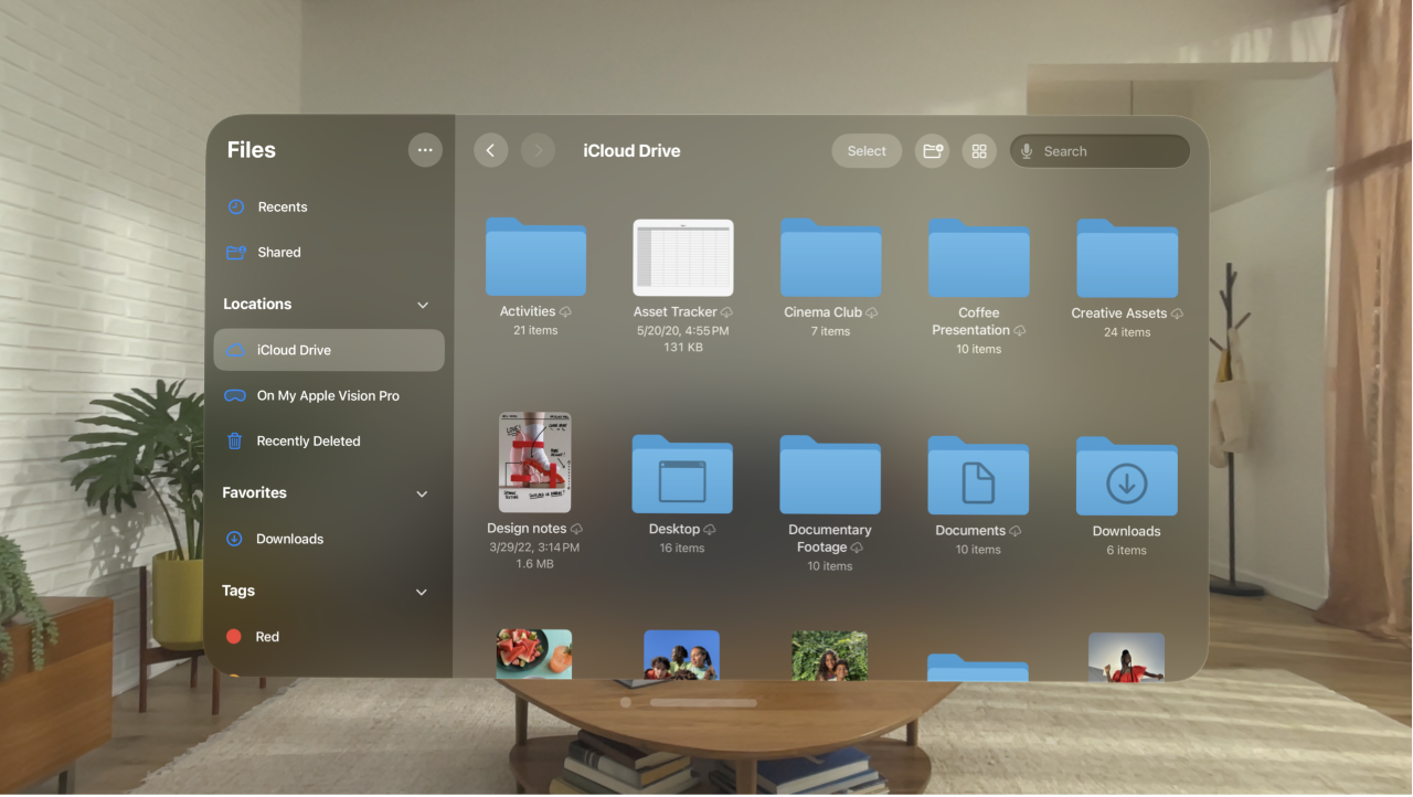 The Files app on Apple&nbsp;Vision&nbsp;Pro, showing folders and files in the iCloud Drive location.
