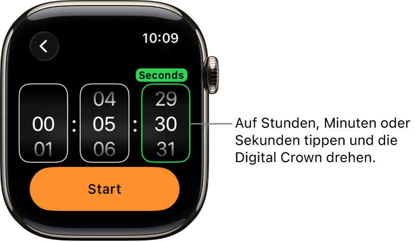 Einstellungen zum Stellen eines eigenen Timers mit den Stunden links, den Minuten in der Mitte und den Sekunden rechts. Die Taste „Start“ befindet sich darunter.