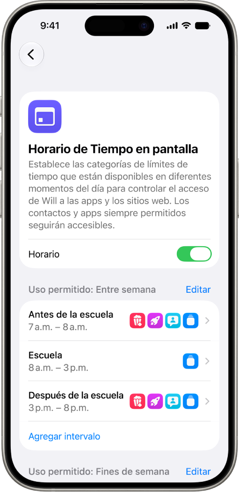 La pantalla Horario de Tiempo en pantalla en Configuración de Tiempo en pantalla, que muestra un horario para días entre semana con intervalos de tiempo para Antes de la escuela, En la escuela y Después de la escuela.