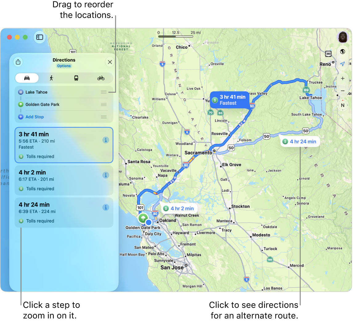 A map with a driving route between two locations in California. Alternate routes are also shown on the map.