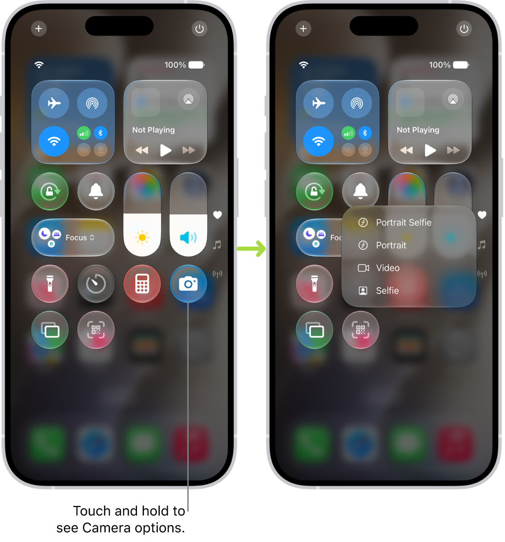 Two Control Center screens side by side—the one on the left shows controls for Airplane Mode, cellular data, Wi-Fi, and Bluetooth in the top-left group. The Camera icon is shown at the bottom right. The screen on the right shows more options in the Quick Actions menu for Camera: Selfie, Video, Portrait, and Portrait Selfie.