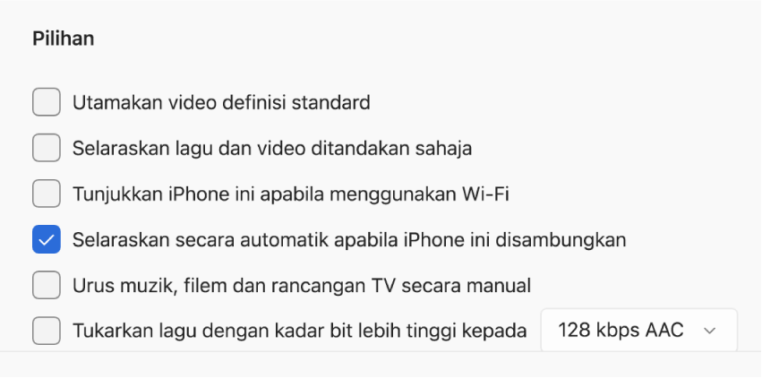 Pilihan untuk menyelaraskan peranti Apple dan peranti Windows anda. “Selaraskan secara automatik apabila iPhone ini disambungkan” dipilih.