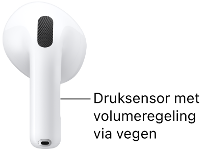 De locatie van de druksensor met volumeveeggebaar op de AirPods&nbsp;5 met draadloze oplaadcase, op de steel van beide AirPods.