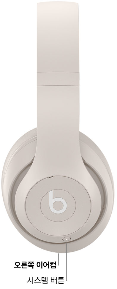 오른쪽 이어컵에 있는 Beats&nbsp;Studio Pro의 시스템 버튼.