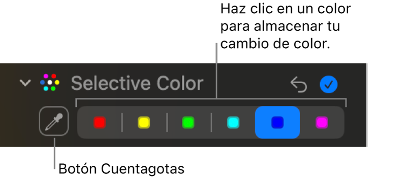 En los controles de “Color selectivo” del panel Ajustar, que muestra el botón del cuentagotas y paletas de colores.