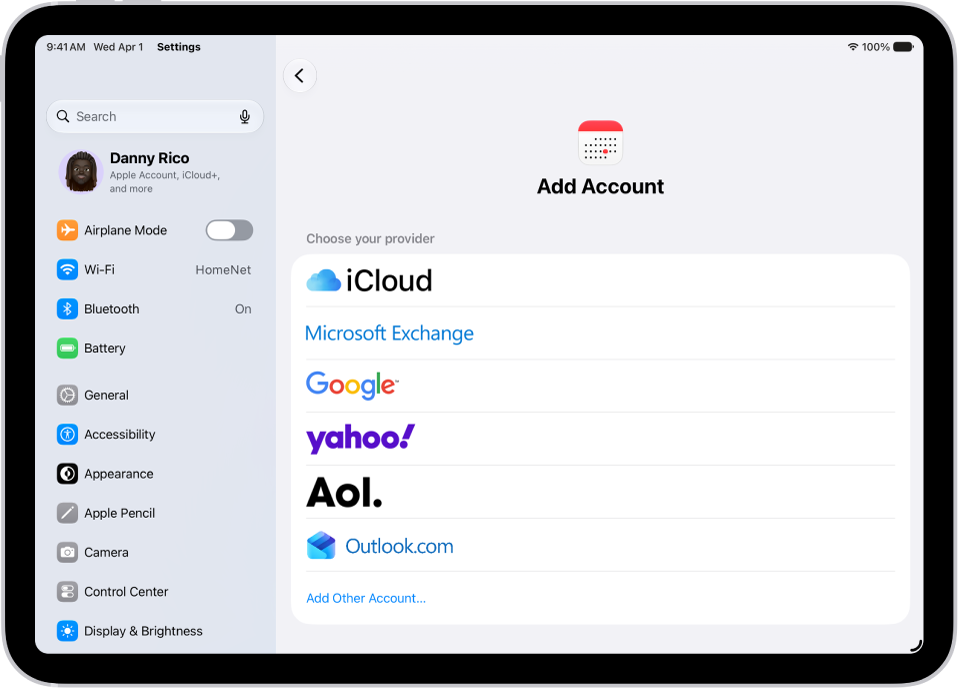 The add calendar account settings showing different calendar providers.