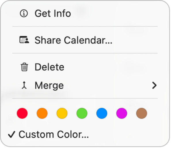 The shortcut menu in Calendar showing the colour options.