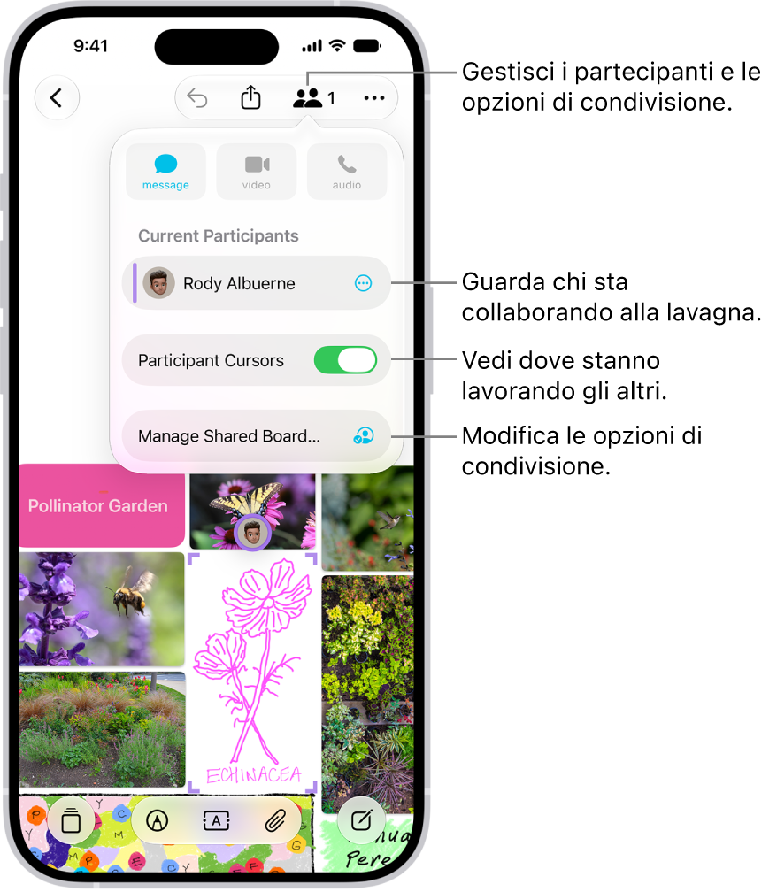 Una lavagna Freeform condivisa su iPhone con il menu Collaborazione visibile.