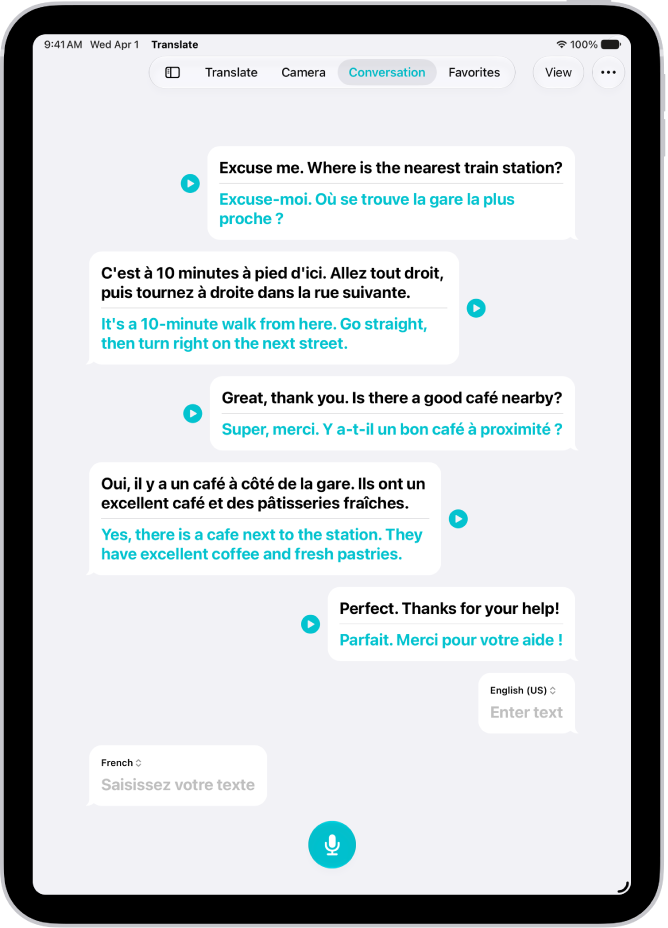 The Conversation tab, showing chat bubbles and their translations.