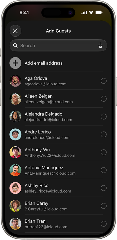The Add Guests screen and a list of contacts on an iPhone.