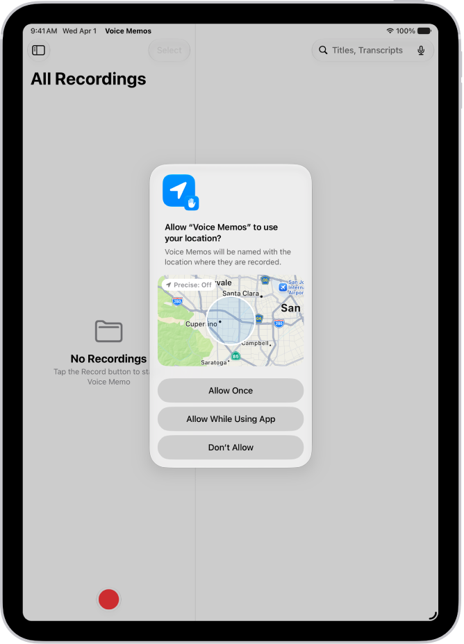 Une requête d’une app pour utiliser les données de localisation sur l’iPad. Les options sont «&nbsp;Autoriser une fois&nbsp;», «&nbsp;Autoriser lorsque l’app est active&nbsp;» et «&nbsp;Ne pas autoriser&nbsp;».
