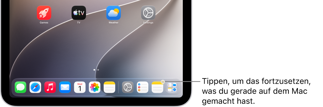 Das Symbol „Handoff“ ist im Dock auf einem iPad sichtbar.