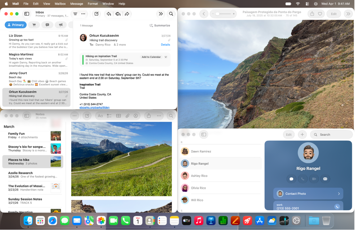 Le bureau d’un Mac affichant trois fenêtres en mosaïque&nbsp;: une sur le côté gauche, une autre en haut à droite et une autre en bas à droite.
