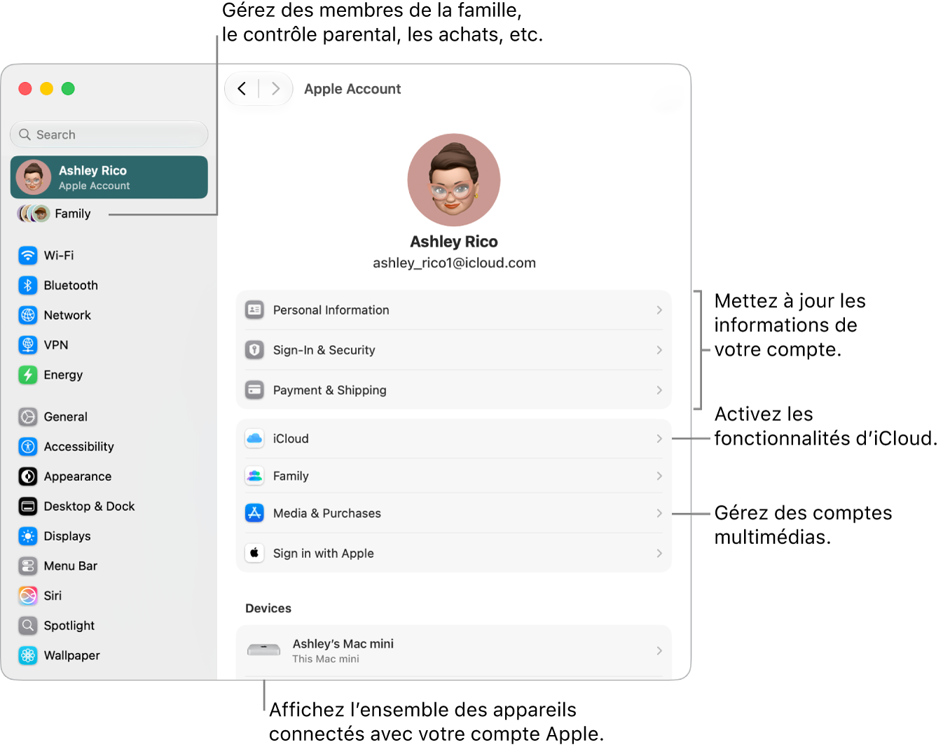 Les réglages du compte&nbsp;Apple dans Réglages&nbsp;Système avec des légendes pour la mise à jour des informations du compte, l’activation ou la désactivation des fonctionnalités iCloud, la gestion des comptes multimédias et la modification des réglages Famille, où vous pouvez gérer les membres de votre famille, le contrôle parental, les achats, et plus encore.