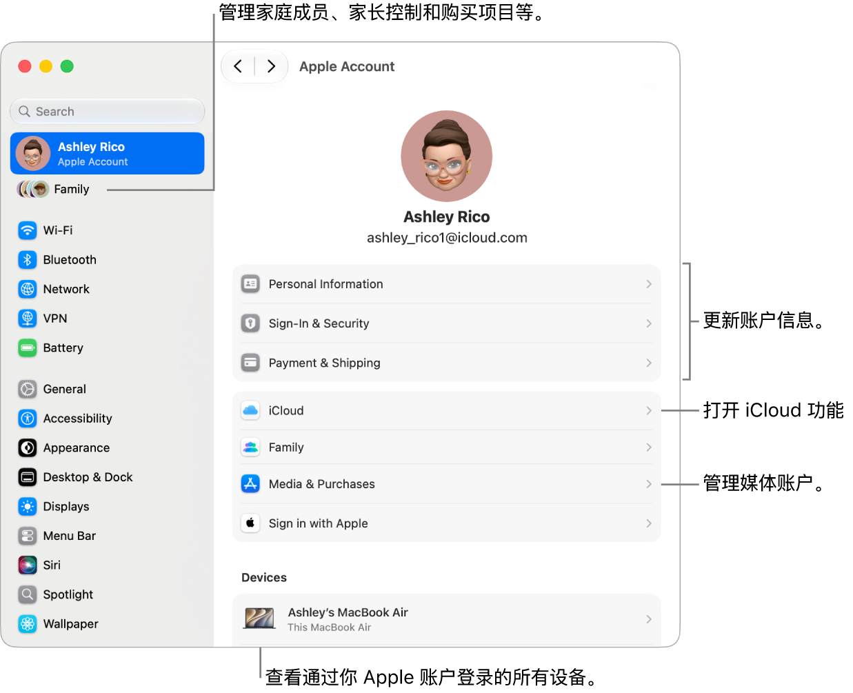 “系统设置”中的“Apple 账户”设置，包含更新账户信息、打开或关闭 iCloud 功能、管理媒体账户和调整“家人共享”设置（可在其中管理家庭成员、家长控制和购买项目等）的标注框。