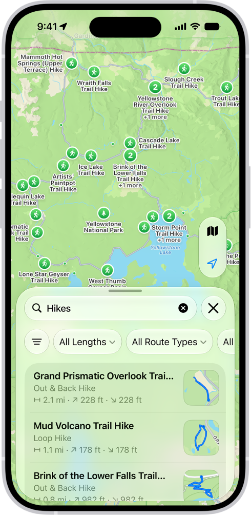 The Maps app showing results matching a search for hikes in a national park.