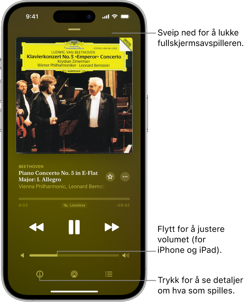 En iPhone viser Now Playing-skjermen i Apple Music Classical. Øverst på skjermen vises et grått felt du kan trykke på for å skjule Now Playing-skjermen og bytte tilbake til minispilleren. Nedenfor feltet vises albumbildet, navnet på verket og tidslinjen, som viser lengden på sporet og hvor mye tid som er brukt. I den nedre delen av skjermen vises knappene for Hopp tilbake, Sett på pause og Hopp fram, volumkontrollen, og knappene for Informasjon, AirPlay og Neste som spilles.