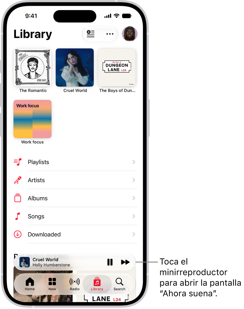 Pantalla Biblioteca con el minirreproductor cerca de la parte interior. El minirreproductor muestra el título de la canción que se está reproduciendo. Los botones Pausa y “Pista siguiente” están a la derecha del título de la canción. Toca el minirreproductor para abrir la pantalla “Ahora suena”.