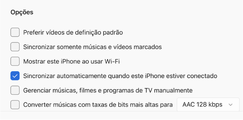 Opções para sincronizar o dispositivo Apple com o dispositivo Windows. “Sincronizar automaticamente quando este iPhone estiver conectado” está selecionado.