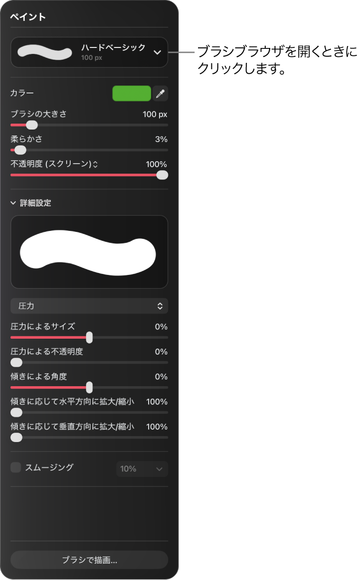 ペイントパネルには、ブラシのサイズ、柔らかさ、不透明度などのコントロールが表示されています。