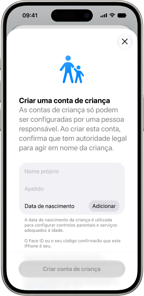 O ecrã “Criar uma conta de criança”, que mostra opções para adicionar um nome, apelido e data de nascimento.