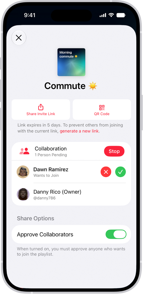 L’écran «&nbsp;Gérer la collaboration&nbsp;» de l’app Musique.